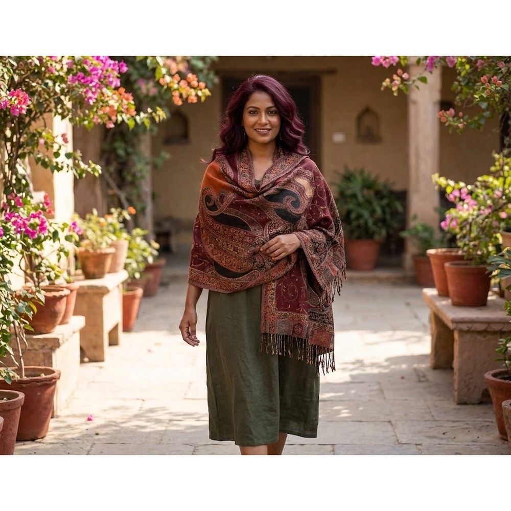 Novica Wool Paisley Shawl Wrap Women OS Burgundy Orange Fringe Boho